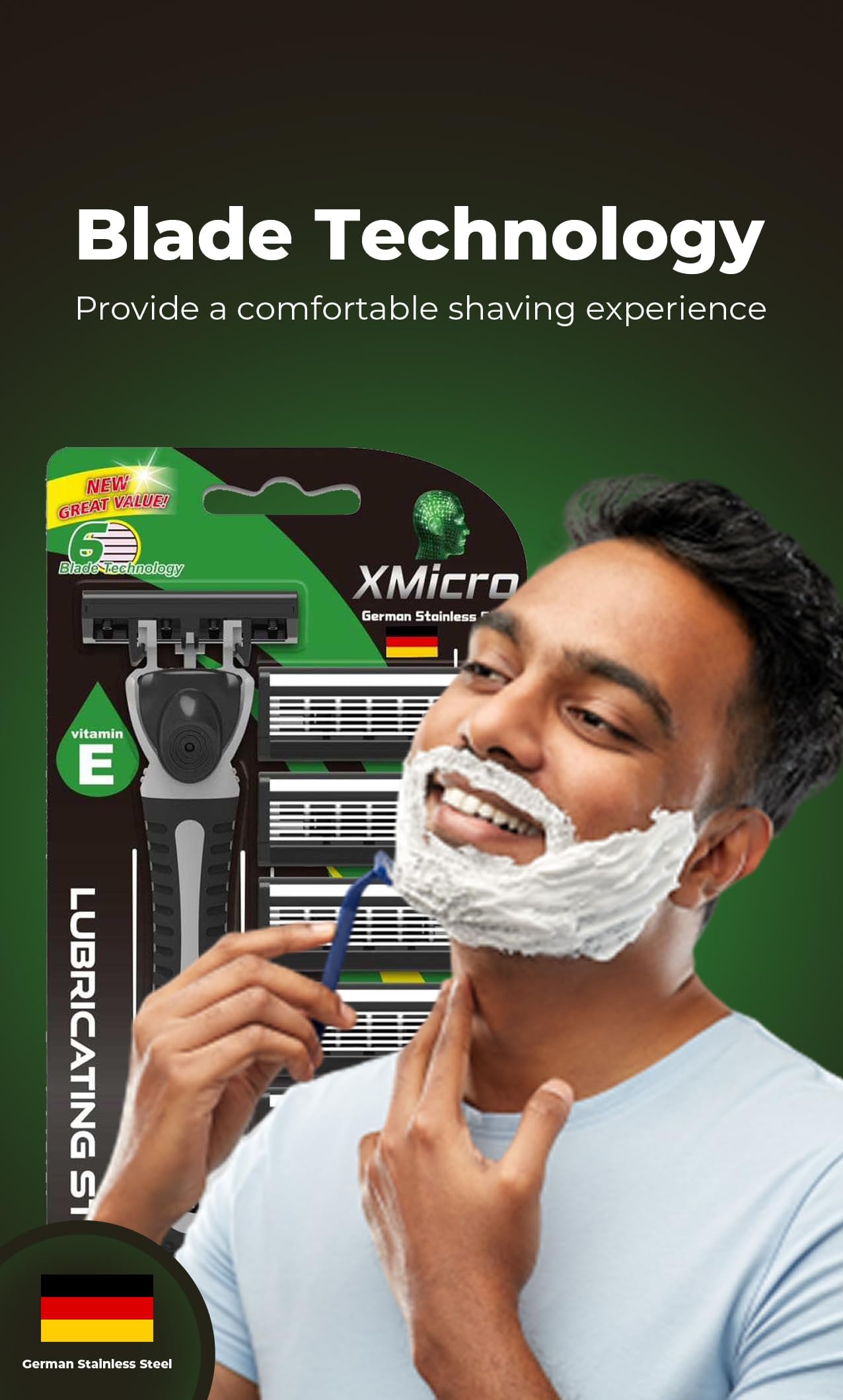 XMicro® Razors for Men, 1 Razor, 7 Blade Refills with German Stainless Steel, Lubricated with Vitamin E, Aloe for Smooth Shave, Shields Against Irritation, Light Weight Version X Men