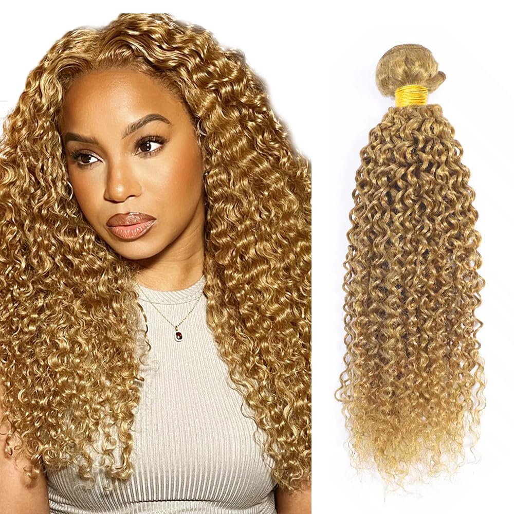 30 Inch AuokMar Color 27 Bundles Human Hair Honey Blonde Kinky Curly 1 Bundle Brazilian Grade 8A Virgin Remy Hair Extensions Double Weft Blonde Bundles