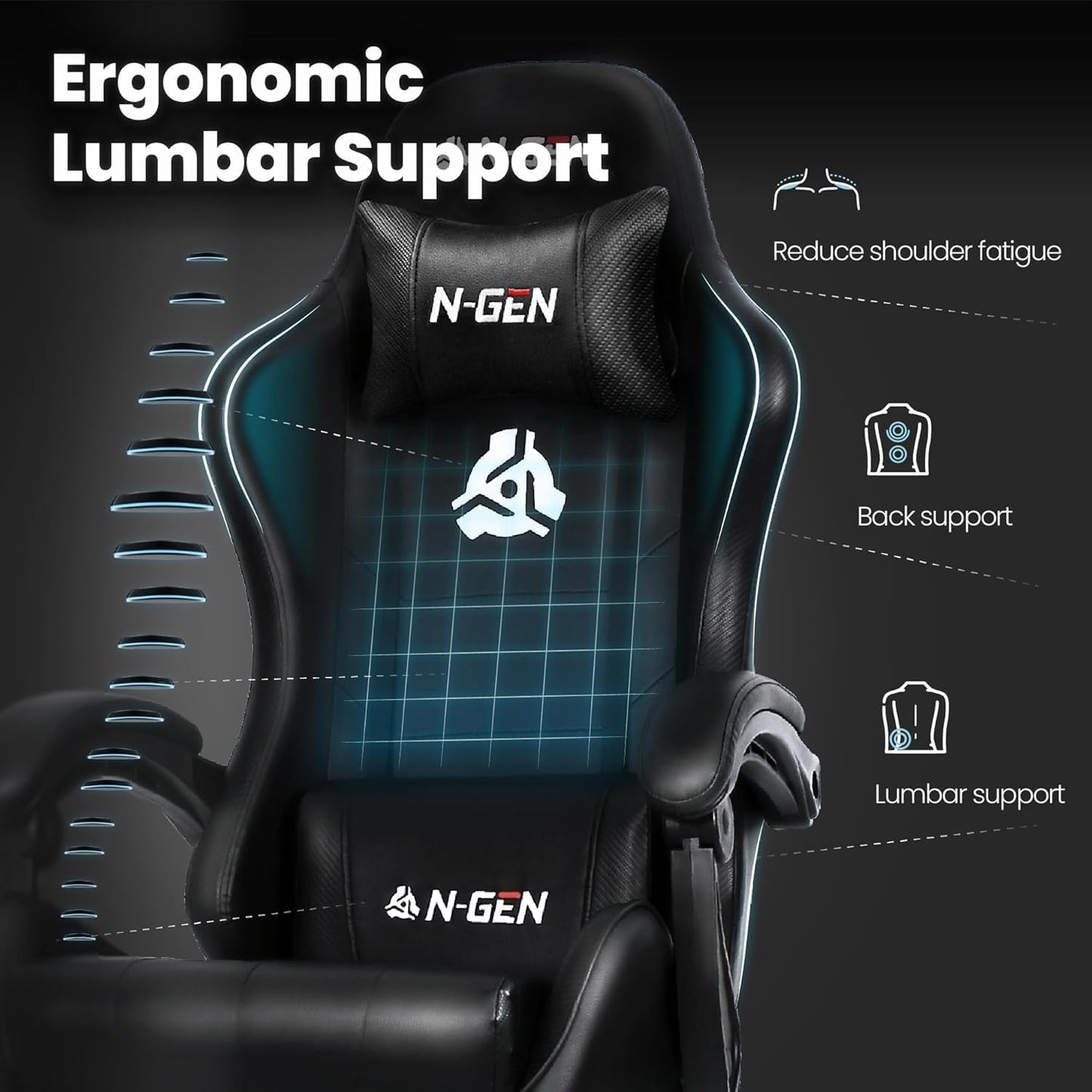 N-GEN Gaming Chair - Ergonomic Video Gaming Chair with Footrest & Lumbar Support | Adjustable High Back in Carbon Black