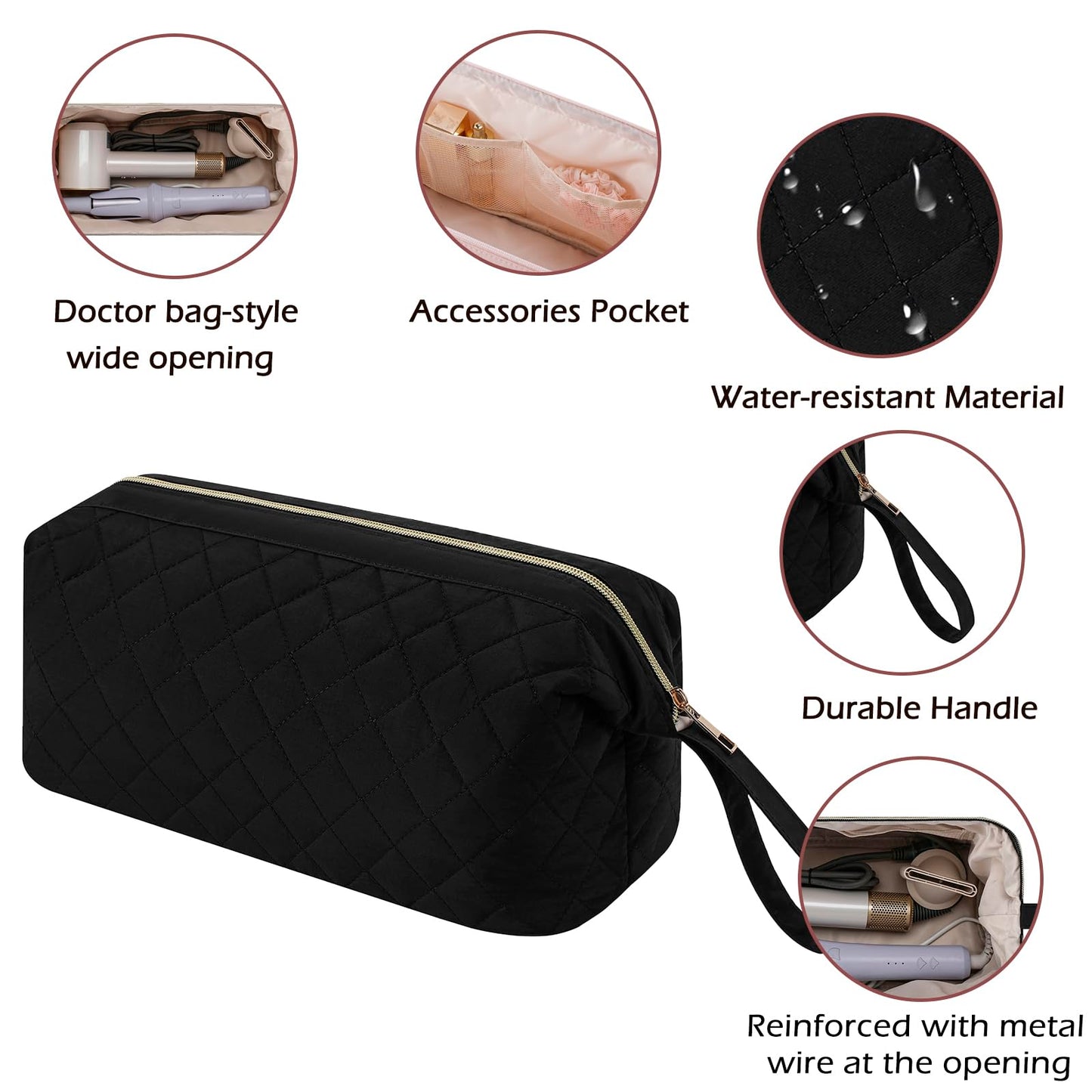 Lestikave Large QuiltedHair Tools Travel Bag, Water-resistant Hair Styling Accessories Storage Case for Flat Irons,Straightener,Curling Iron,Hair Dryer and Attachments, Cute Portable Organizer(Black)