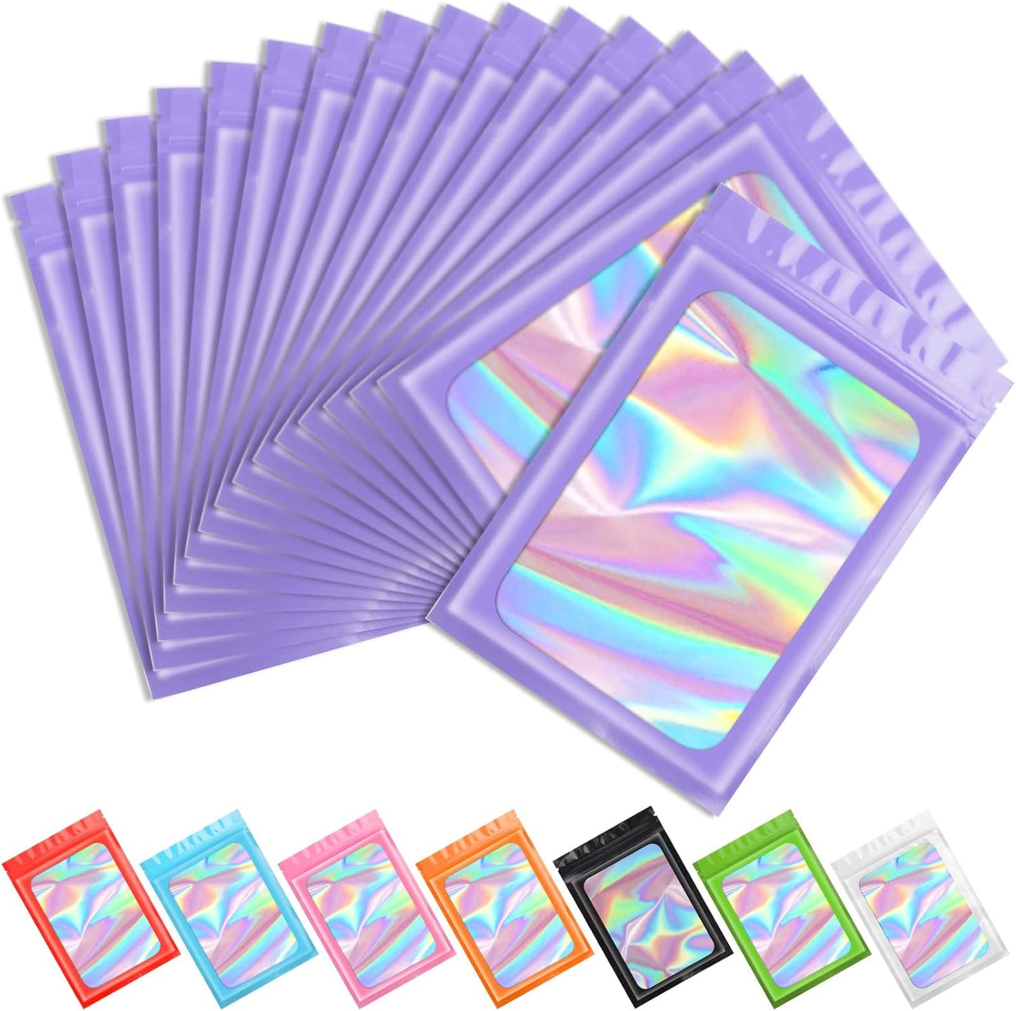 Purple Smell Proof Mylar Holographic Bags - 100 Pcs Resealable Odor Proof Foil Pouches for Food Storage | 2.4x3.9 In