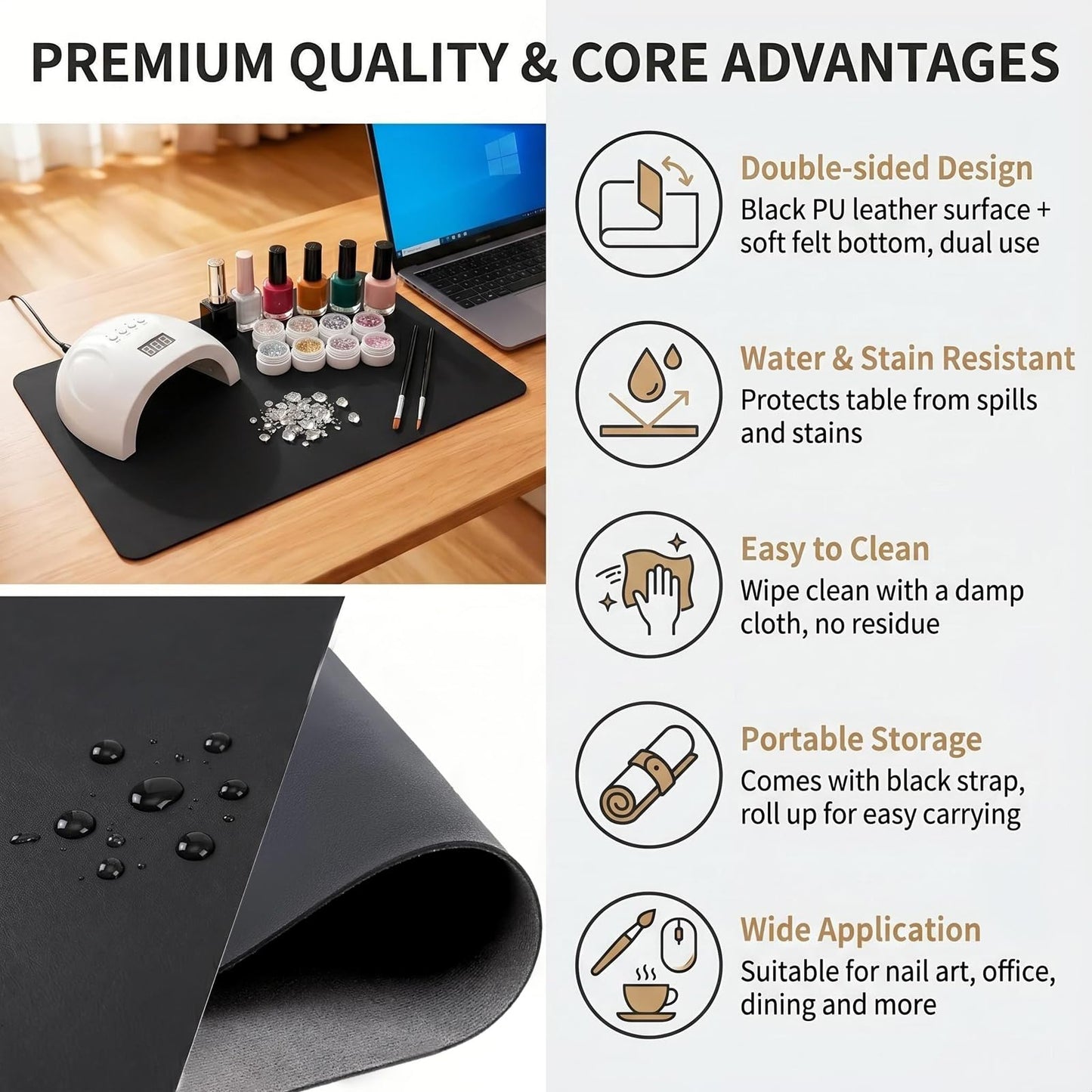 23.6 x 11.8 inches Foldable Nail Art Table Mat, Waterproof Non-Slip PU Leather Nail Desk Pad, Reusable Manicure Mat for Nail Tech Salon Home Acrylic Nails (Black)