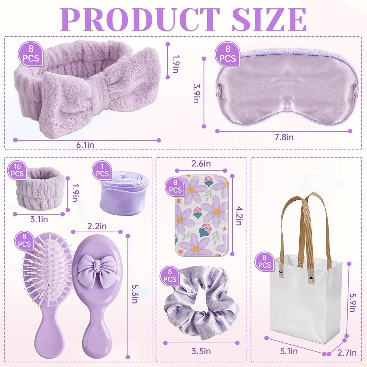Spa Party Favors Set - 65 Pcs Bridesmaid Proposal Gifts | Skincare Headband, Eye Mask, Hair Comb & More - Purple