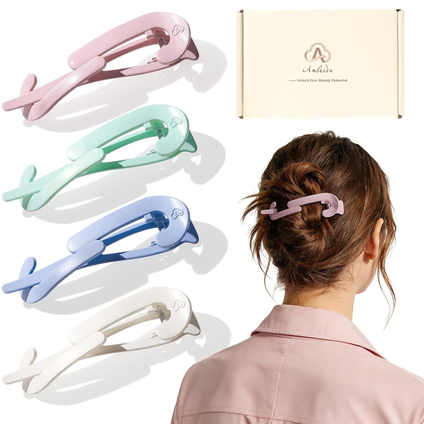 Large Twist Flat Hair Clips - Stylish Tortoise Claw Clips for Medium Thick Hair | 4-Pack for Long, Curly Styles