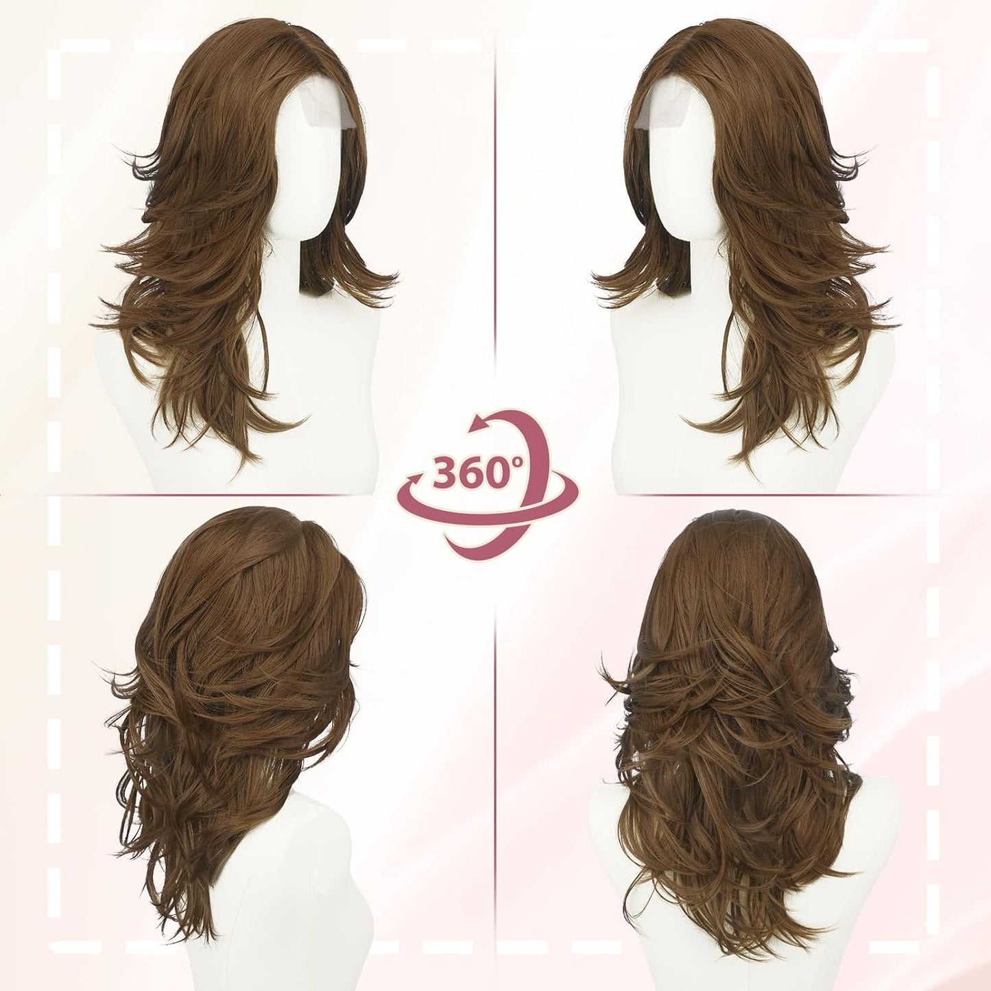 Brown Layered Wigs - Lace Front Hairline with Curtain Bangs | 20 Inch Long Wavy Synthetic Wig for Women