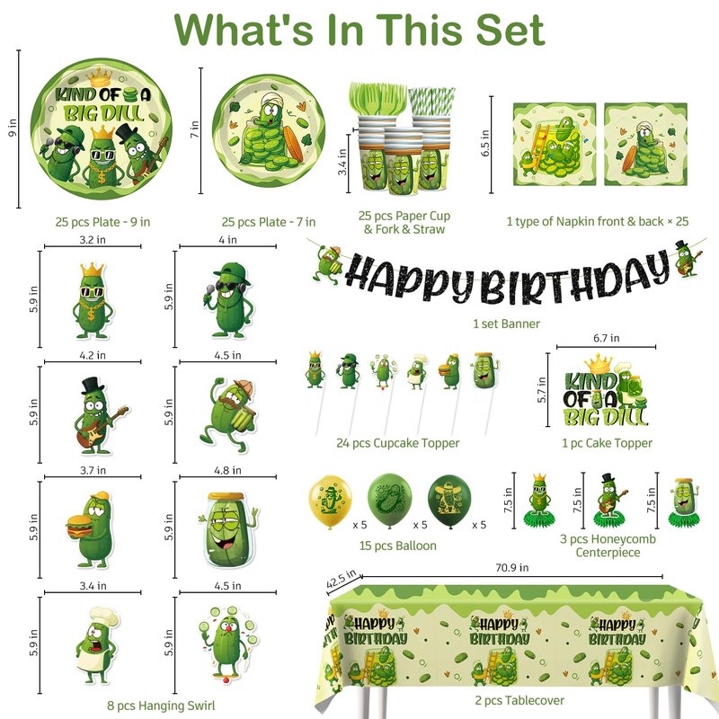 Pickle Party Decorations Funny Pickle Cucumber Happy Birthday Banner Cake Topper Balloons Cartoon Pickle Plates and Napkins with 2 Pcs Pickle Birthday Tablecloth Decorations