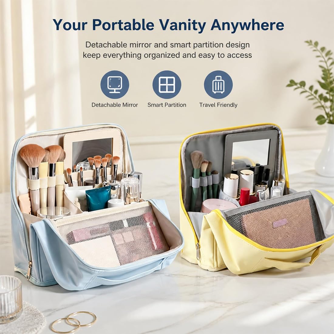 GDSAFS Stylish Handheld Partitioned Cosmetic Bag, Partitioned Cosmetic Organizer with Detachable Mirror, Stand Up Makeup Bag with Large Capacity for Travel & Daily Use (Pink L)