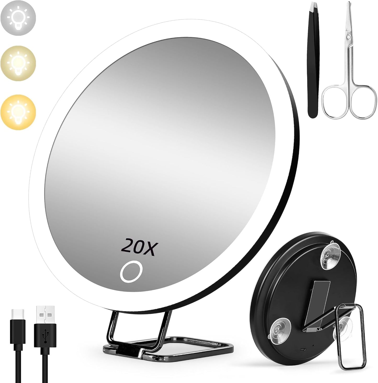 Travel Makeup Mirror - 40X Magnification with Suction Cups & Stand | 3 Color Dimmable LED Lights, Rechargeable 1200mAh