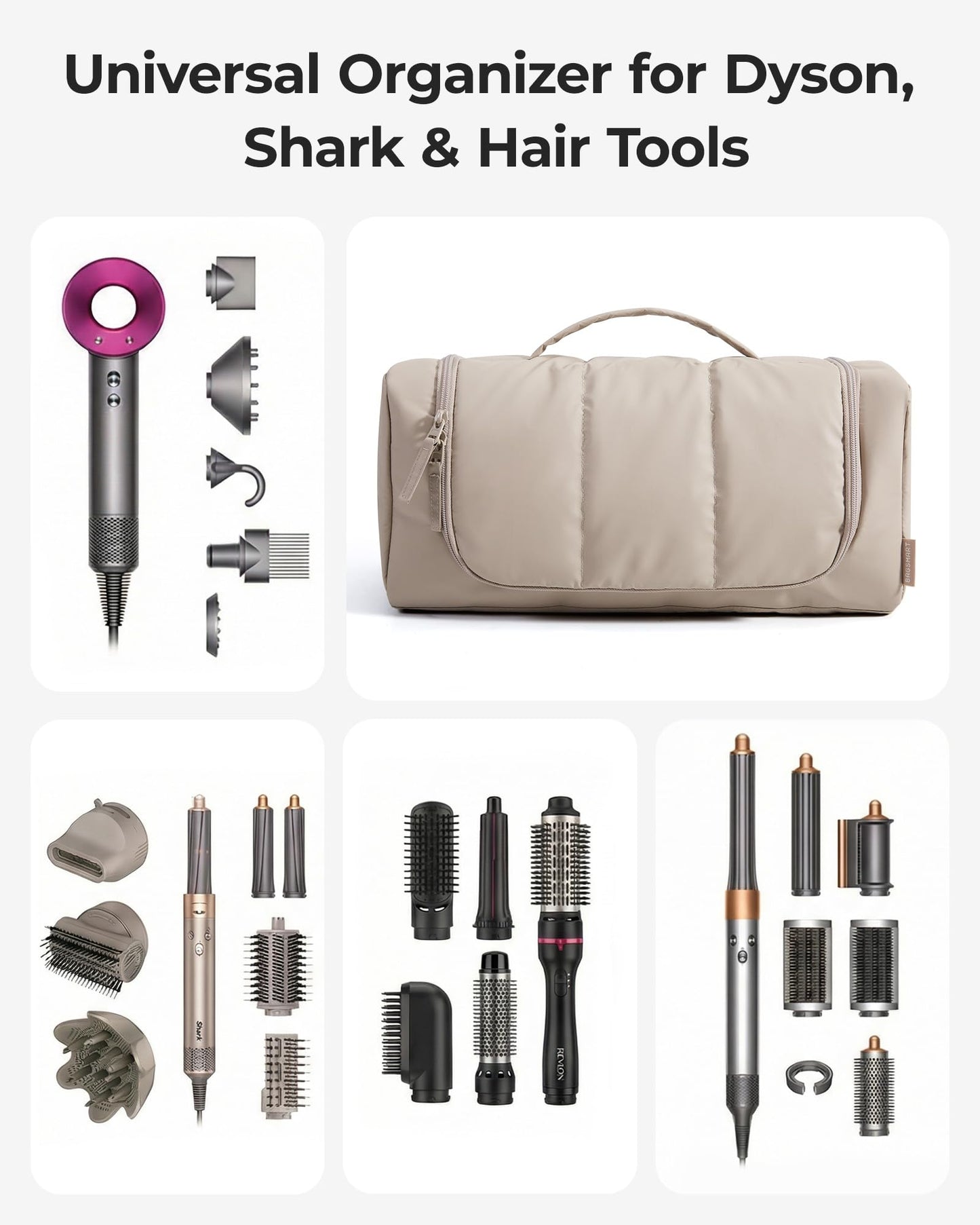 BAGSMART Hair Tool Organizer Travel Bag Compatible with Dyson Airwrap,Shark Hair Dryer, Wide-open Dyson Case with Heat Resistant Mat, Metal Hanging Hook for Long Barrel, Straighteners, Curling Iron
