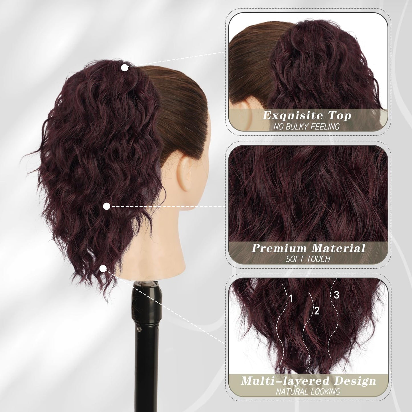 BARSDAR Red Ponytail Extension - 12 Inch Claw Clip Ponytail Extensions for Women - Curly Wavy Multi Layered Synthetic Clip in Ponytail Hairpieces Daily Party Halloween - Dark Burgundy