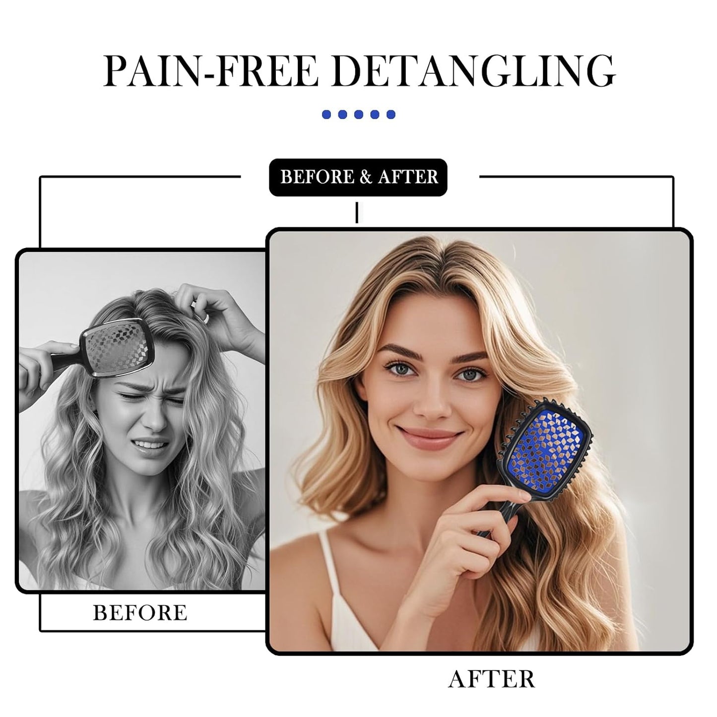 Detangler Brush Set - Pain-Free Vented Hair Brush for Wet/Dry Use - Reduces Knots & Breakage | Black & Blue