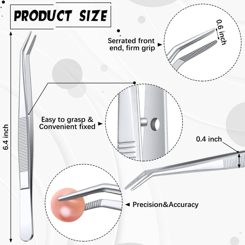 Honoson 4 Pcs Stainless Steel Tweezers for Crafting with Curved Serrated Tip Multipurpose Forceps Sewing Machine Tweezers Bulk (Silver)
