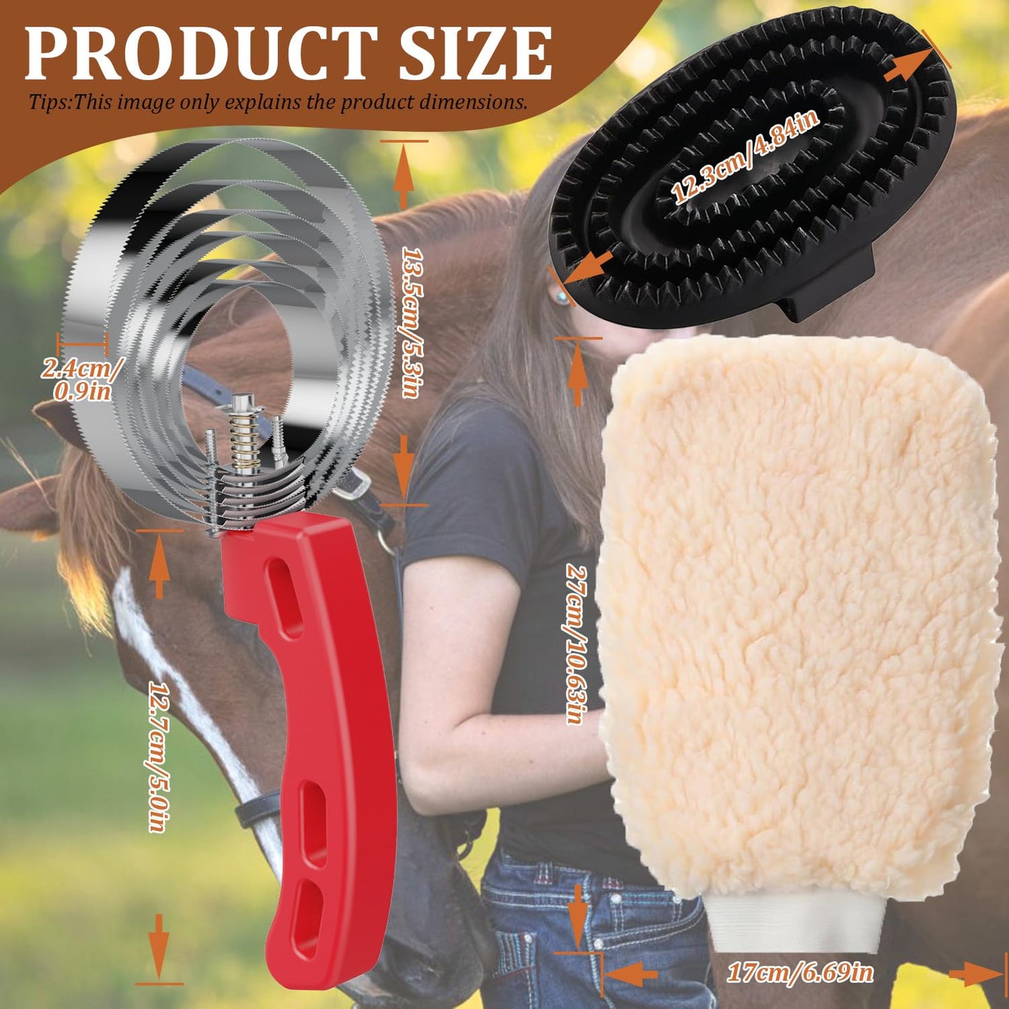 6 Rings Curry Comb Horse Brush, Reversible Stainless Steel Shedding Comb & Scraper with Soft Touch Grip, Horse Grooming Supplies for Horses, Dogs & Livestock, Curry Comb for Shedding & Bathing