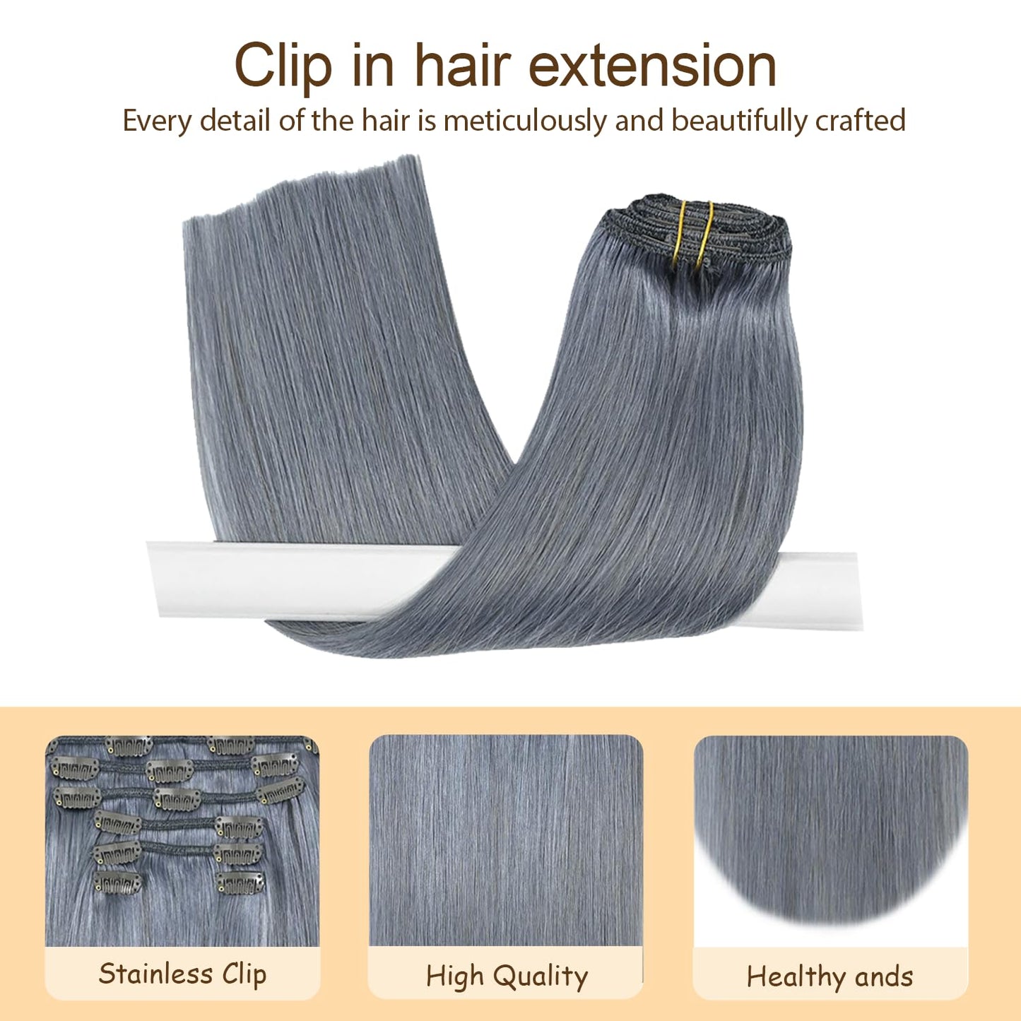 Grey Clip in Hair Extensions Real Human Hair, 14 Inch 120g/7Pcs,Full Shine Remy Human Hair,Gray Straight Clip ins Brazilian Virgin Human Hair Extensions