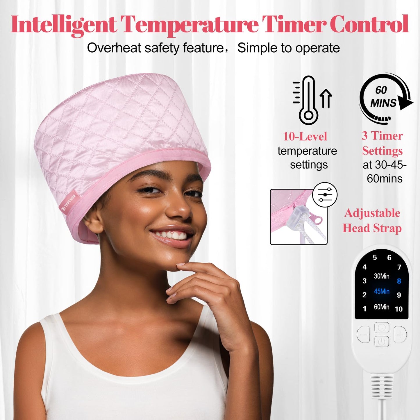 TEPENAR Hair Steamer for Deep Conditioning: Upgraded Heat Cap with 10-Level Fast Heating 3 Time Settings for Natural Hair Portable Thermal Steam Cap for Home Hair Treatment - Pink