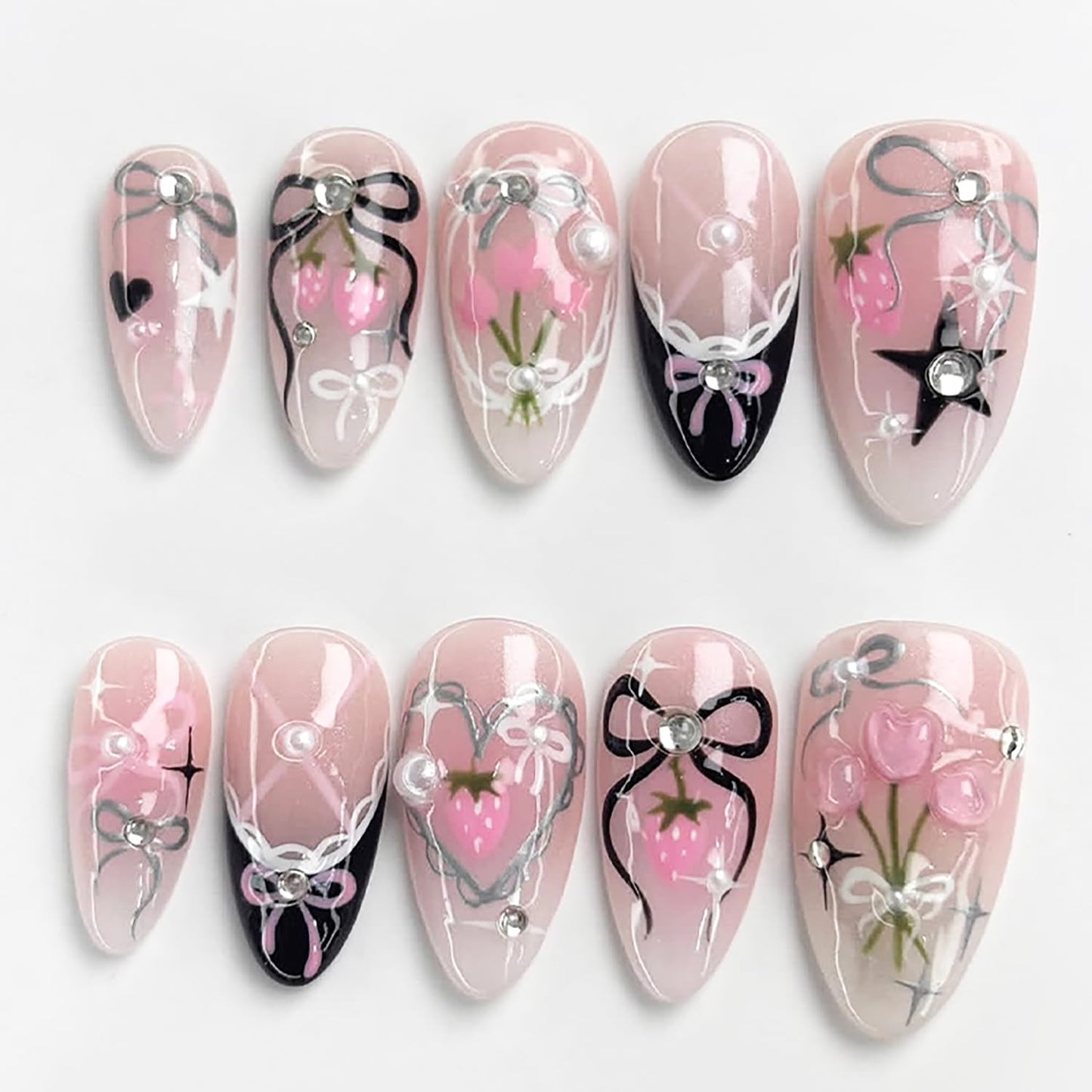 Valentine's Press-On Nails - 30 Pcs Short Almond Red French Tip with Pearl & Gold Bow | Romantic Heart Acrylic Set