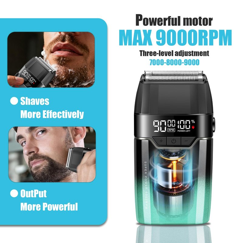 VGR 308 Electric Shavers for Men, Professional Double Foil Shaver 9000RPM Cordless Head Shaver with Titanium Foils, LED Display, USB Rechargeable Men's Electric Razor for Face & Beard, Green