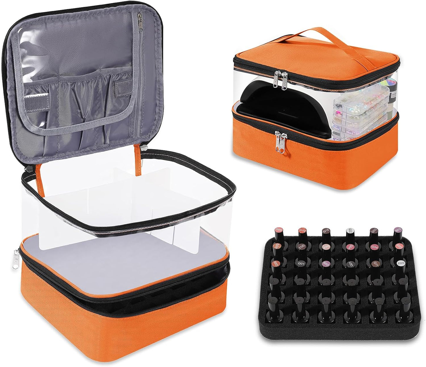 Clear Nail Polish Organizer - Holds 30 Bottles | Portable PVC Case with Manicure Tools Storage Sections
