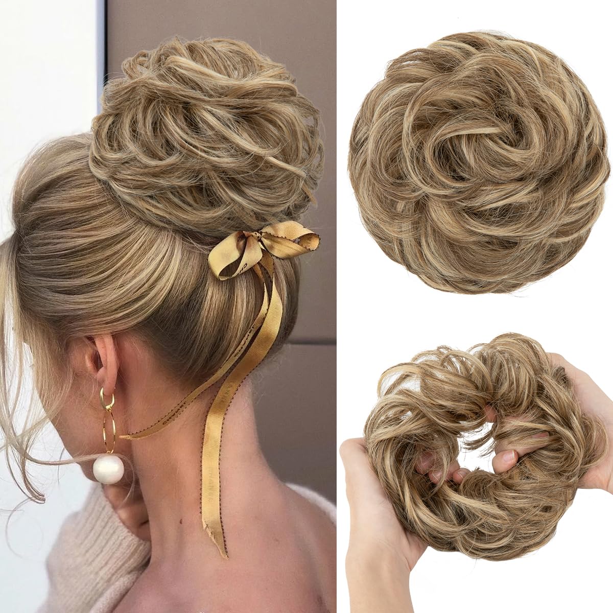 Large Messy Bun Hair Piece - Wavy Curly Synthetic Chignon Ponytail Extensions | Thick Updo in Light Auburn