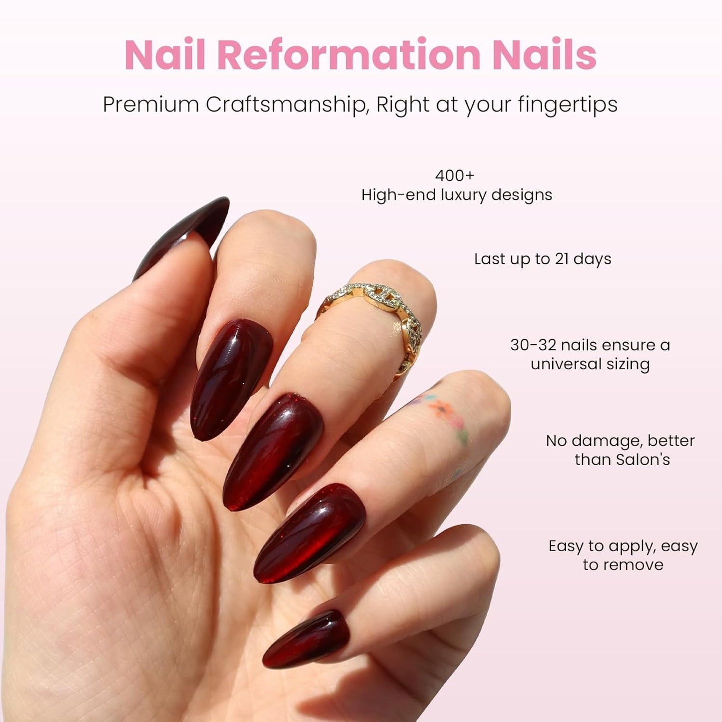 Burgundy Red Press On Nails | Medium Almond Cat Eye Velvet Finish | Natural Reusable Opaque Stick-On Nails - 30 Piece Kit with Glue
