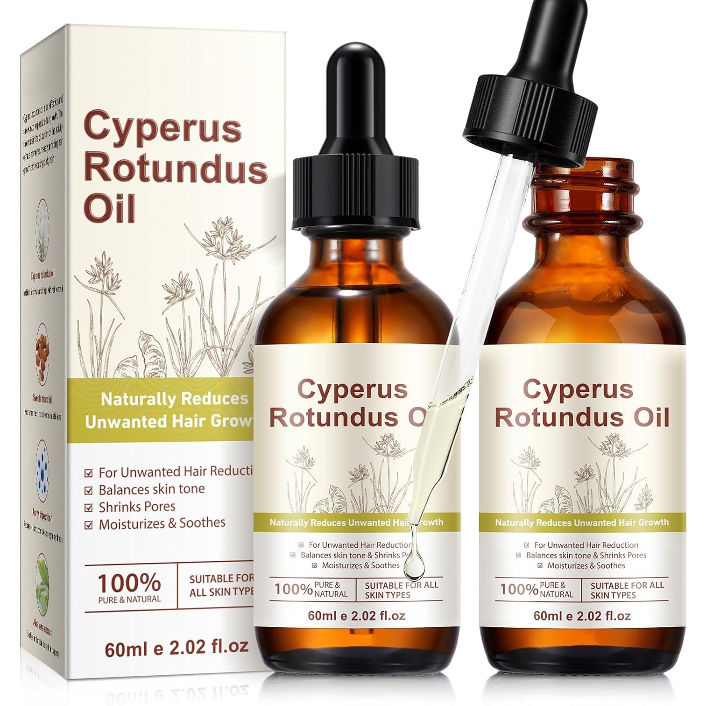 Cyperus Rotundus Oil for Men & Women | Natural Hair Growth Reduction, Hydrating & Pore Minimizing | 60ML x 2