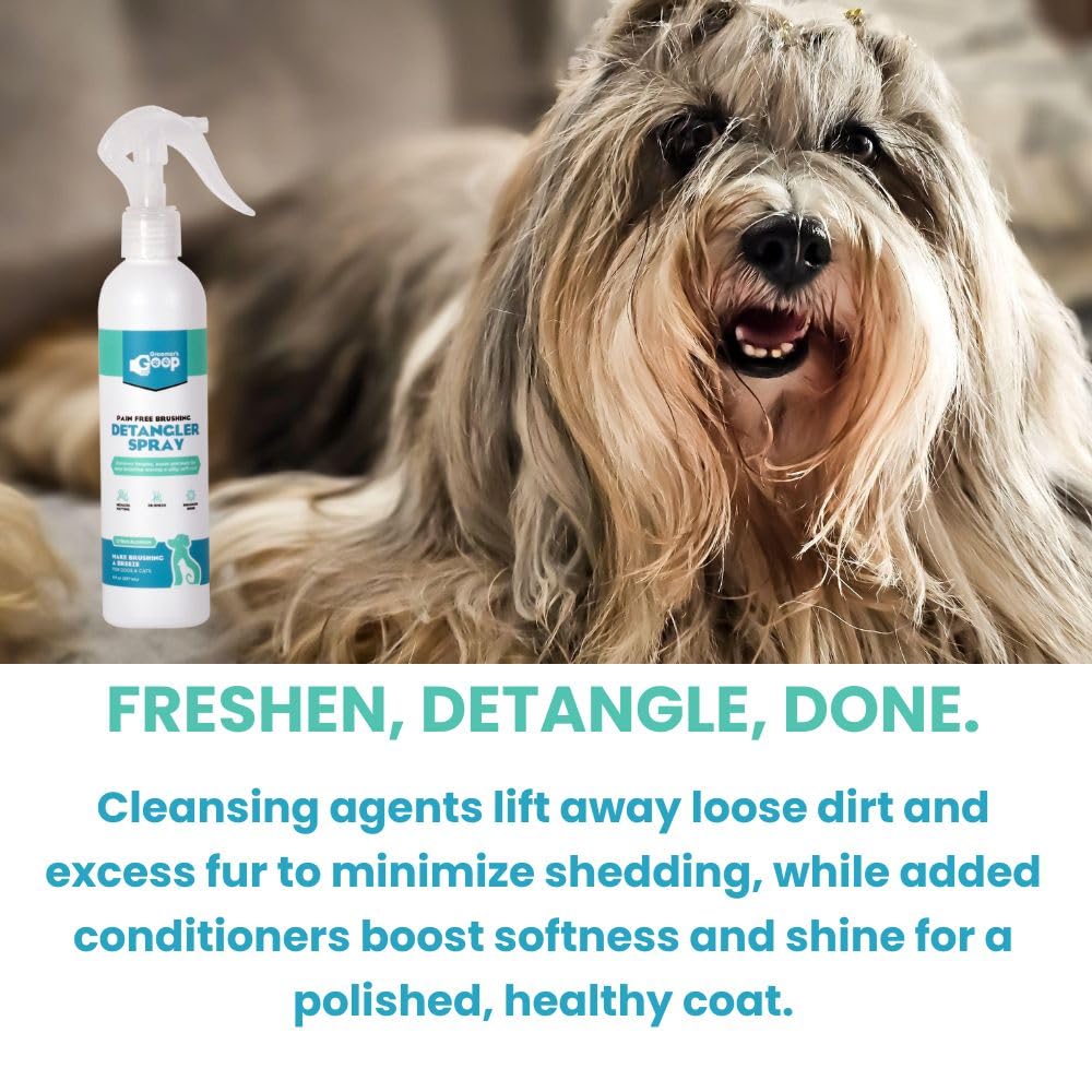 Groomer’s Goop Pain Free Brushing Detangler Spray – Tangle-Reducing Leave-in Formula Softens & Smooths Dog & Cat Coats, Gently Removes Dirt & Loose Fur, Reduces Shedding, Dye-Free – 8 oz Bottle
