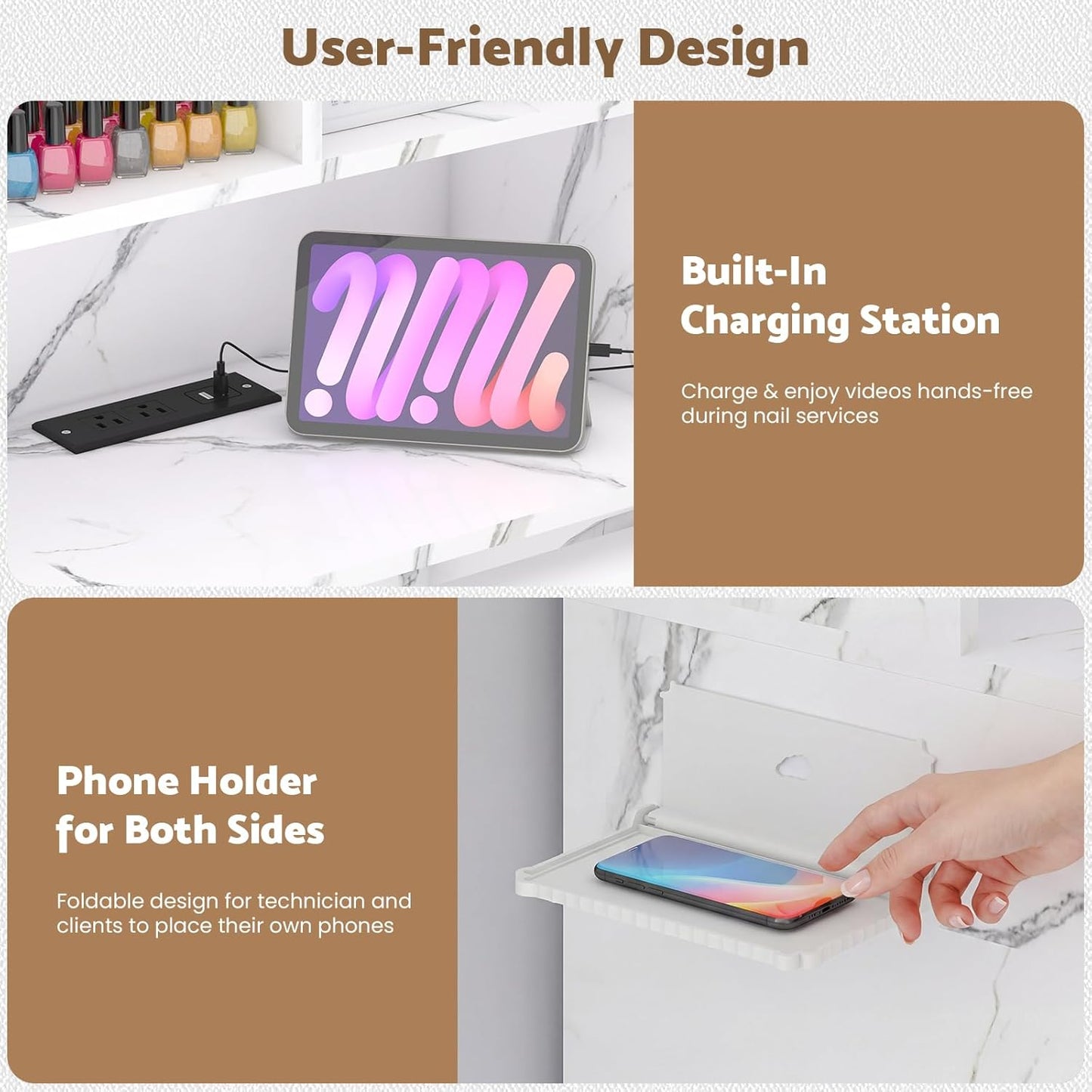Foldable Manicure Table - Extendable Nail Station with Charging Station & Storage | Modern White Design for Home & Office