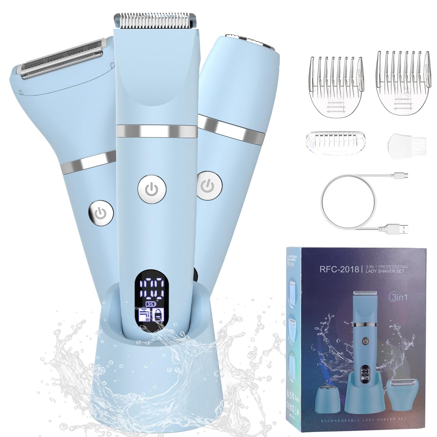 Zivelier 3-in-1 Electric Razor IPX7 Waterproof Bikini Trimmer Wet & Dry Use Painless Personal Trimmer Groomer for Ladies Face Body Legs Bikini Public Hairs Electric Lady Shaver with Replaceable Heads