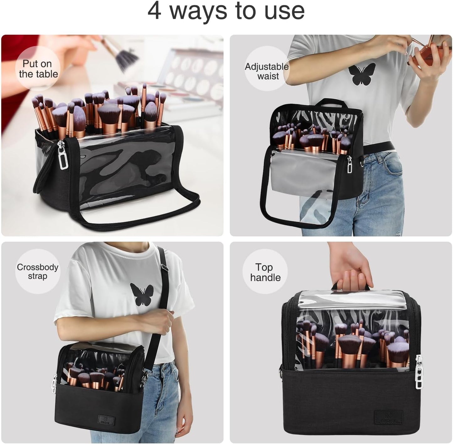 Makeup Brush Organizer - Large Travel Makeup Brush Holder with Adjustable Divider | Professional Cosmetic Storage Bag - Black