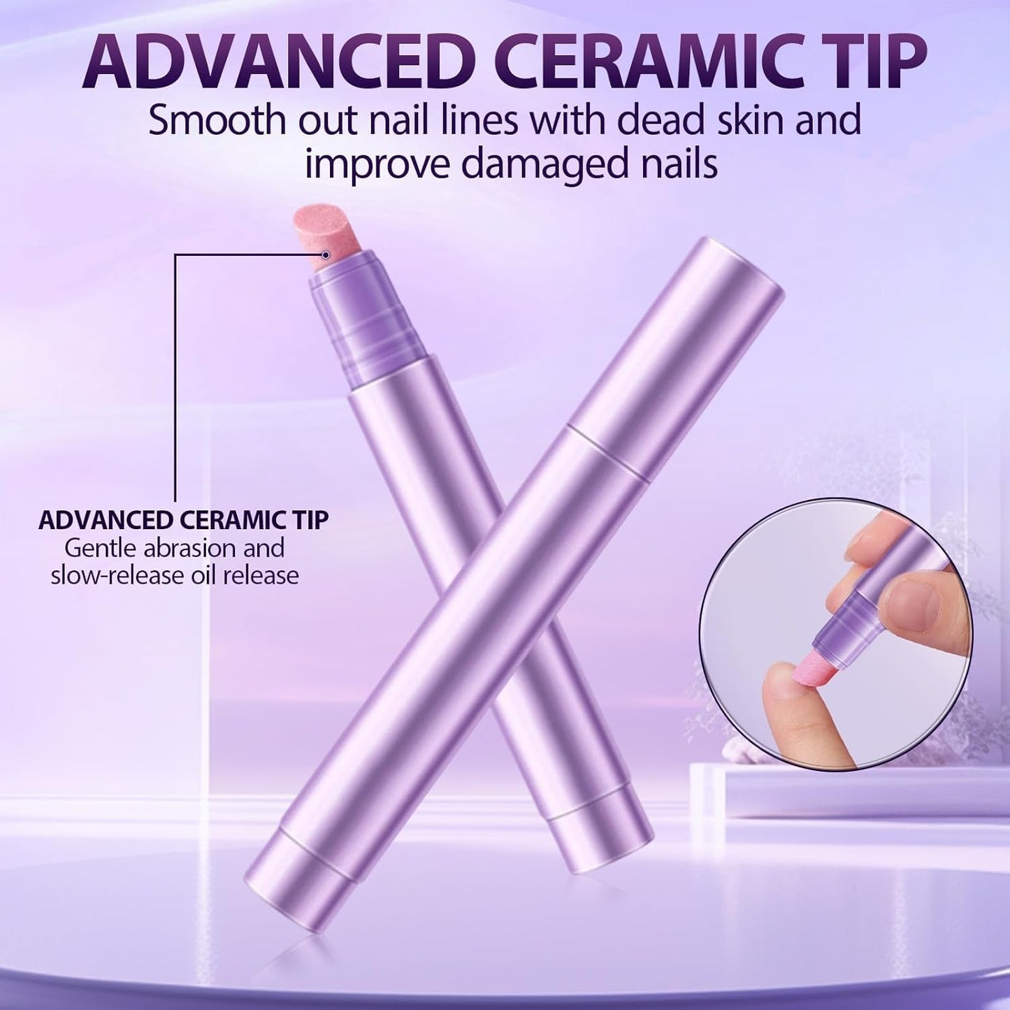 Ceramic Cuticle Oil Pusher Pen Set - 2-in-1 Cuticle Pushers & Oil Pens for Manicure & Pedicure | Purple