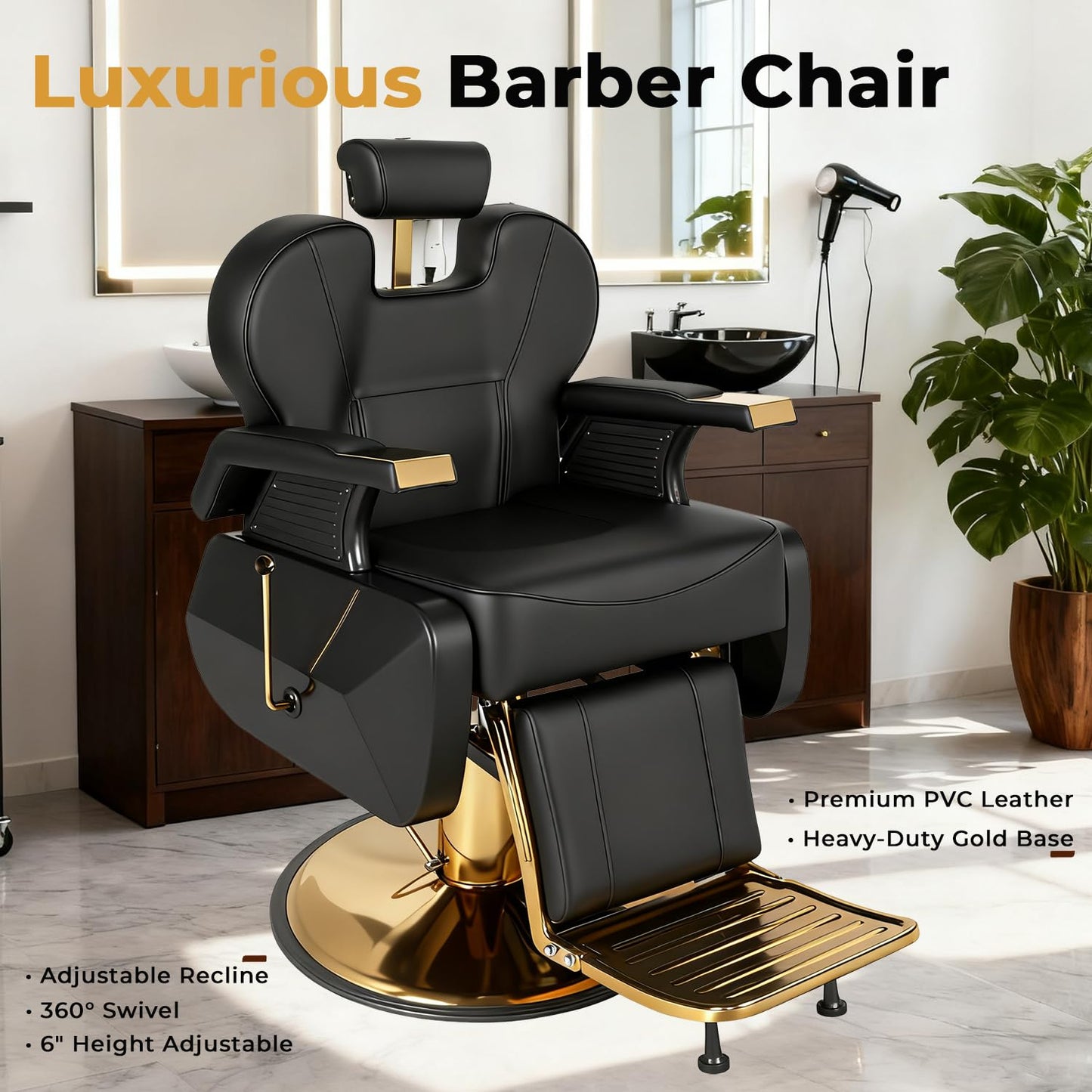 MIMWOW Professional Barber Chair, Reclining Hydraulic Hair Chair with Dual-Stitch Leather Design, 360° Swivel Adjustable Stylist Chair with Removable Headrest for Barbershop or Beauty Salon