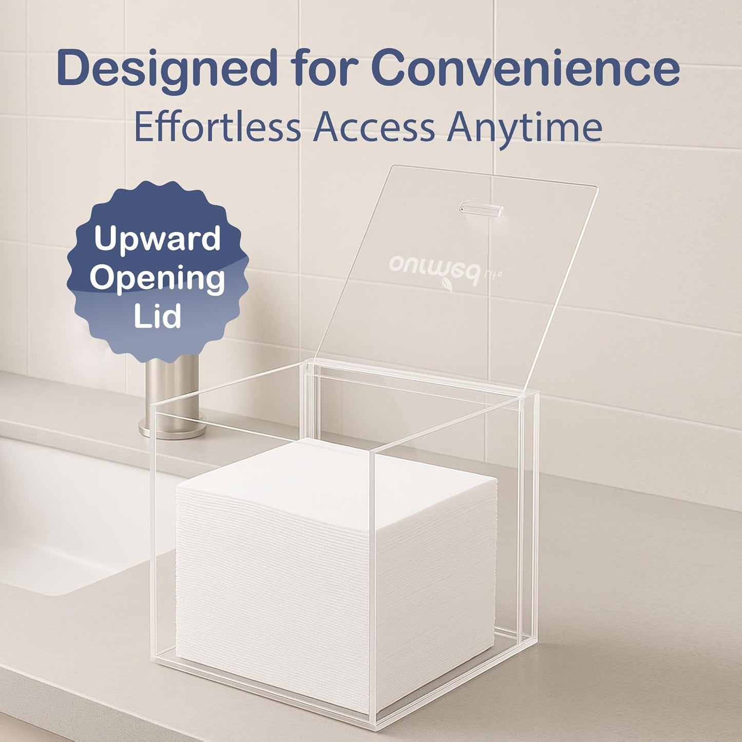 Clear Acrylic Face Towel Holder - Bathroom Organizer Box with 50 Disposable Facial Towels Included | Countertop Storage Solution