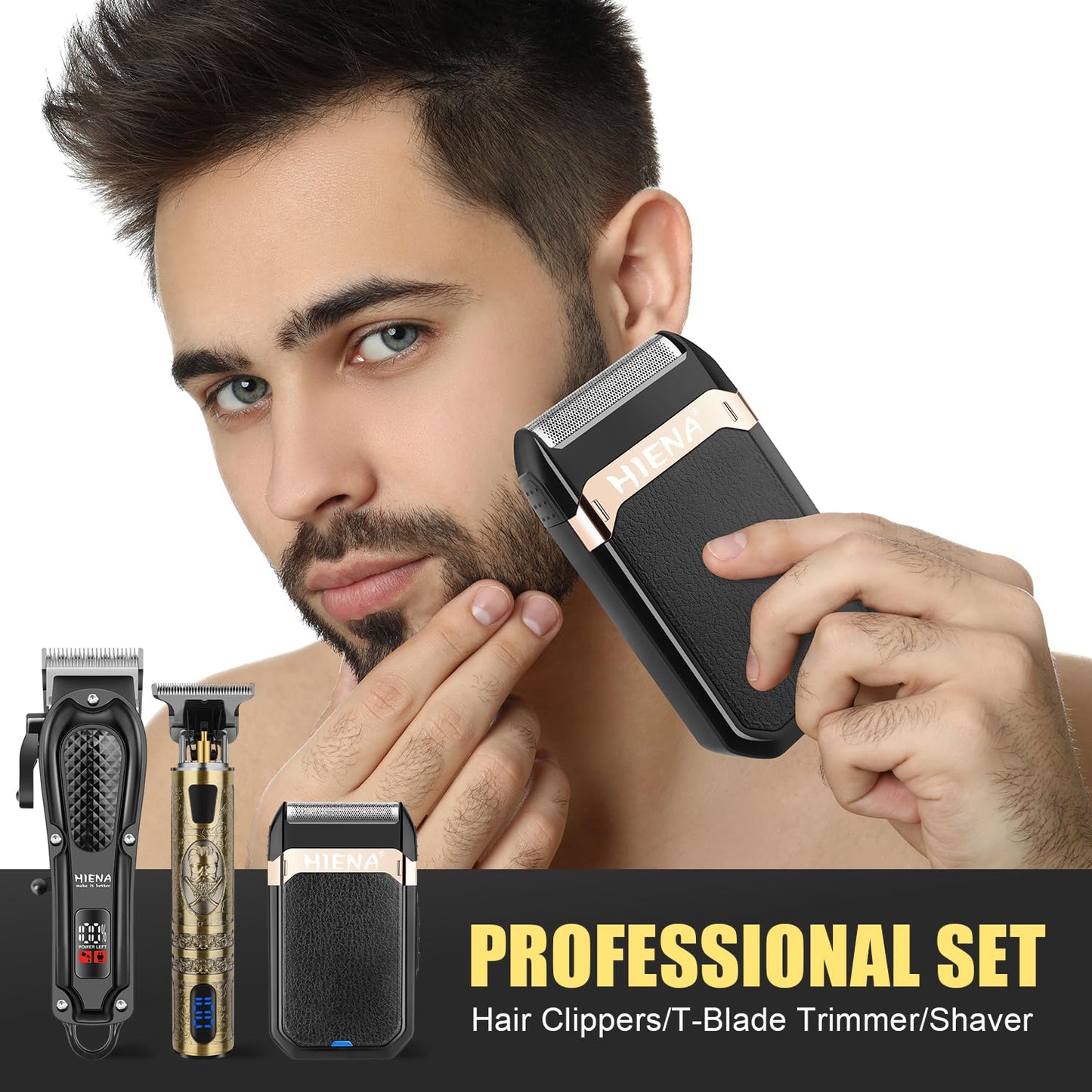 HIENA PRO Professional Hair Clippers for Men, Cordless Hair Clipper for Hair Cutting Kit 3-in-1 LED Haircut Set with Foil Shaver, USB-C Rechargeable Barber Clippers for Men