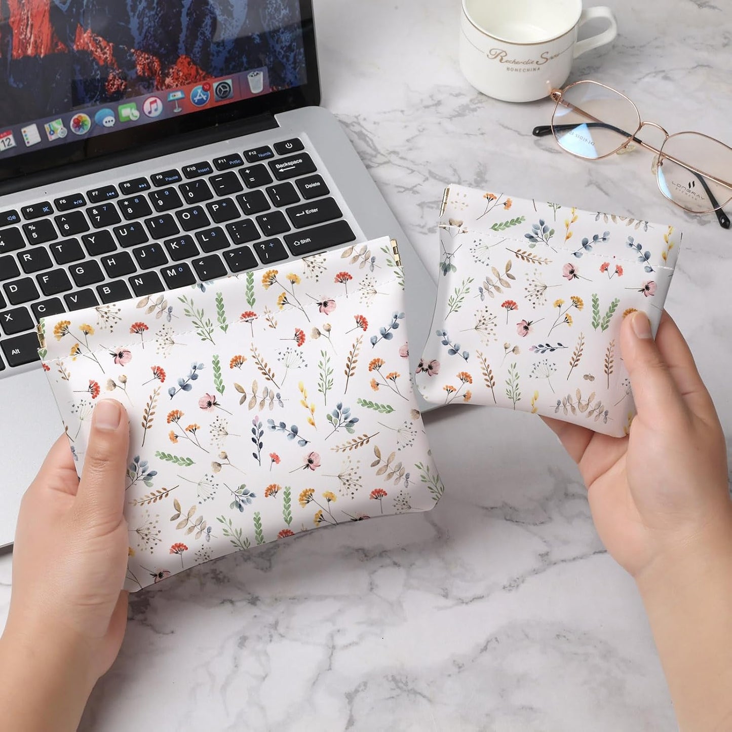 Makeup Bag Set - 2 PCS PU Leather Self-Closing Cosmetic Bags | Portable White Floral Travel Organizer for Women