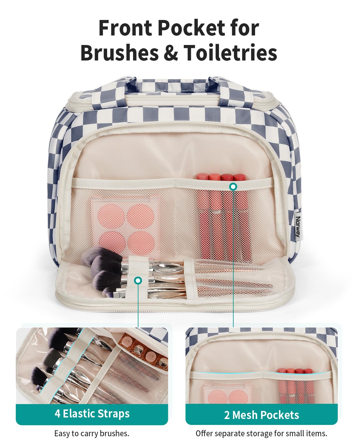 Narwey Checkered Travel Toiletry Bag for Women Large Makeup Bag, Wide-open Cosmetic Make Up Organizer with Handle, Travel Bag for Toiletries, Essentials, Accessories (Greyish Blue Checkerboard)