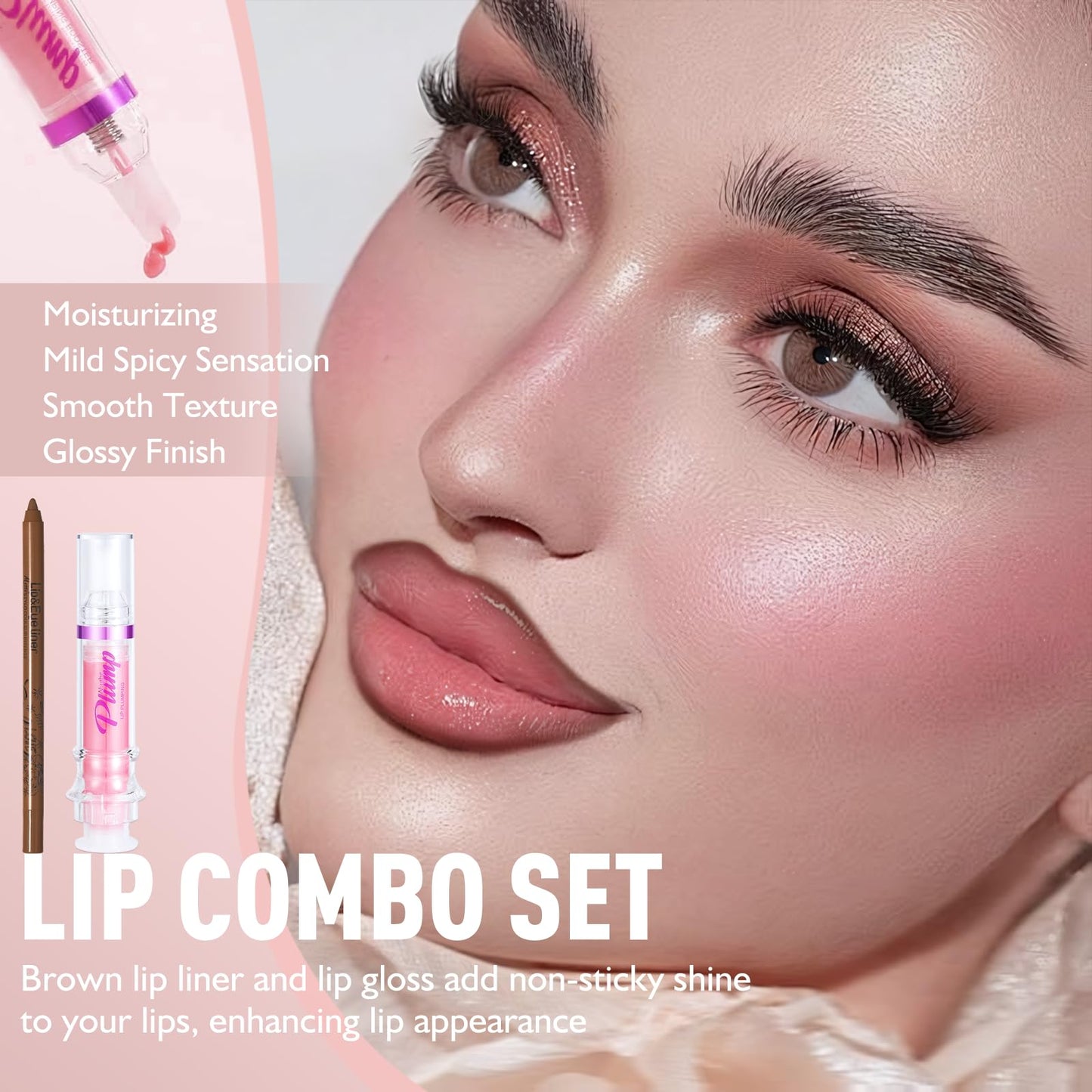 Wugbc Lip kit, Lip Plumper & Lip Liner, Natural Spicy Plumping Lip Gloss Oil Hydrating Lip Combo Glossy Finish Smooth Non-sticky Lip Liner and Gloss Set for Enhancing Lips Appearance
