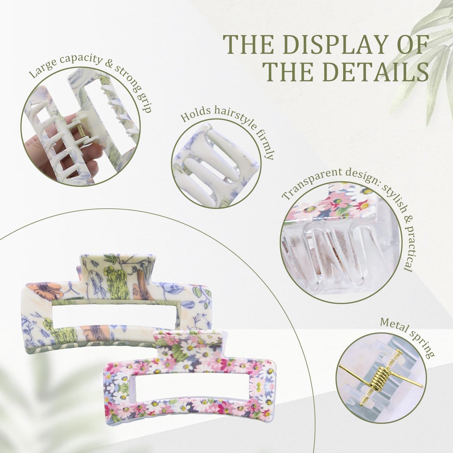 4 Pcs Large Square Floral Hair Claws Clips for Women, Summer Cute Fashion Accessories for Thin Thick Long Curly Hair