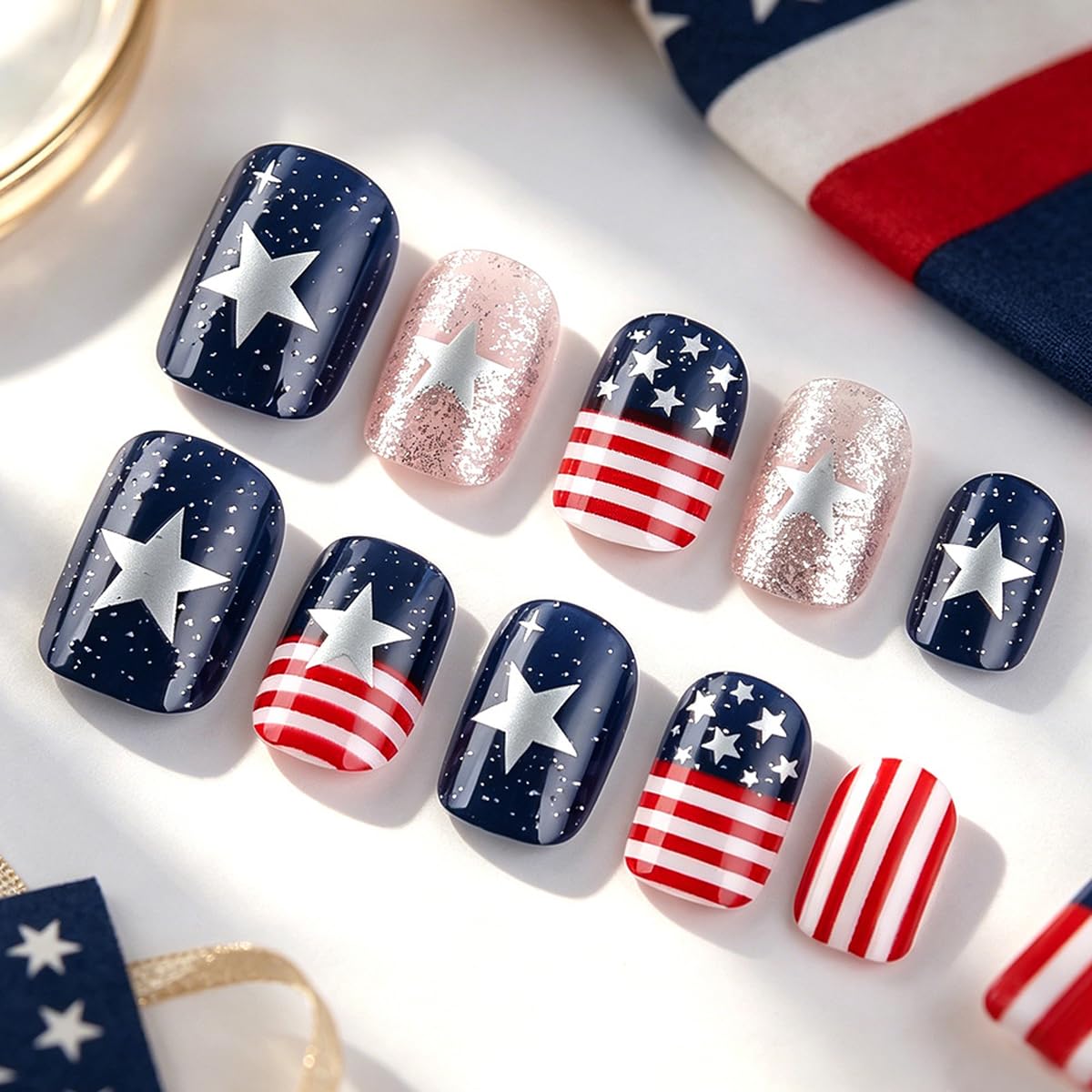 4th of July Press on Nails Medium Square Patriotic Fake Nails with Star | American flag Designs,Silver Glitter 4th of July Nails Independence Day Full Cover Stick on Nail for Women Manicure 24Pcs