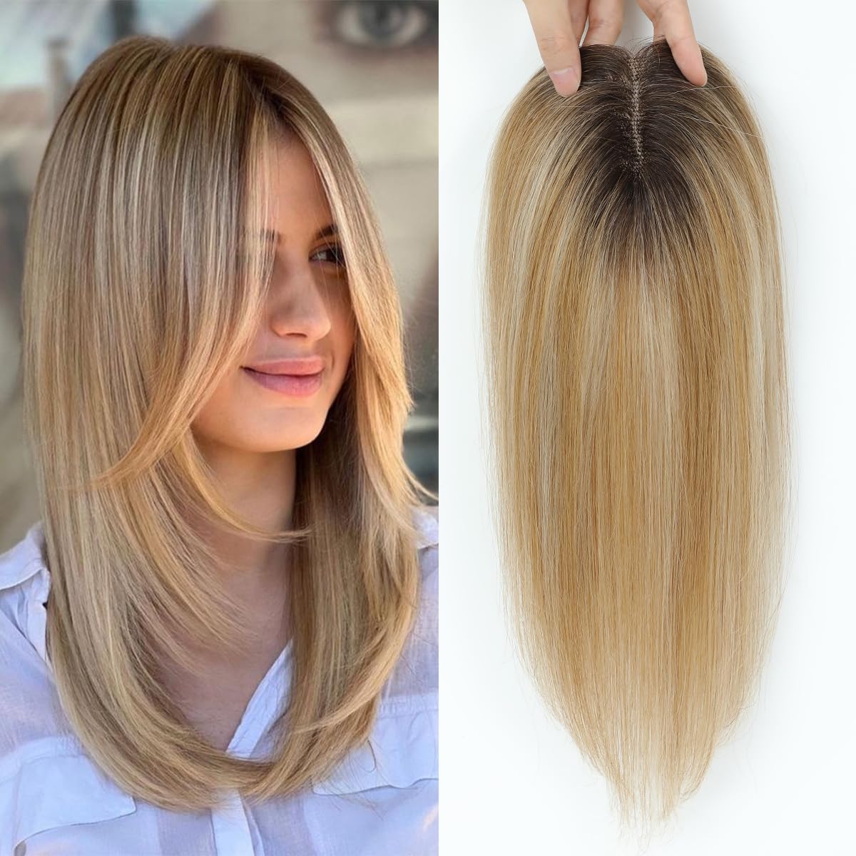 Aimeolyn Hair Toppers for Women - 16-Inch Real Human Hair | 8x8 Inch Big Base Coverage