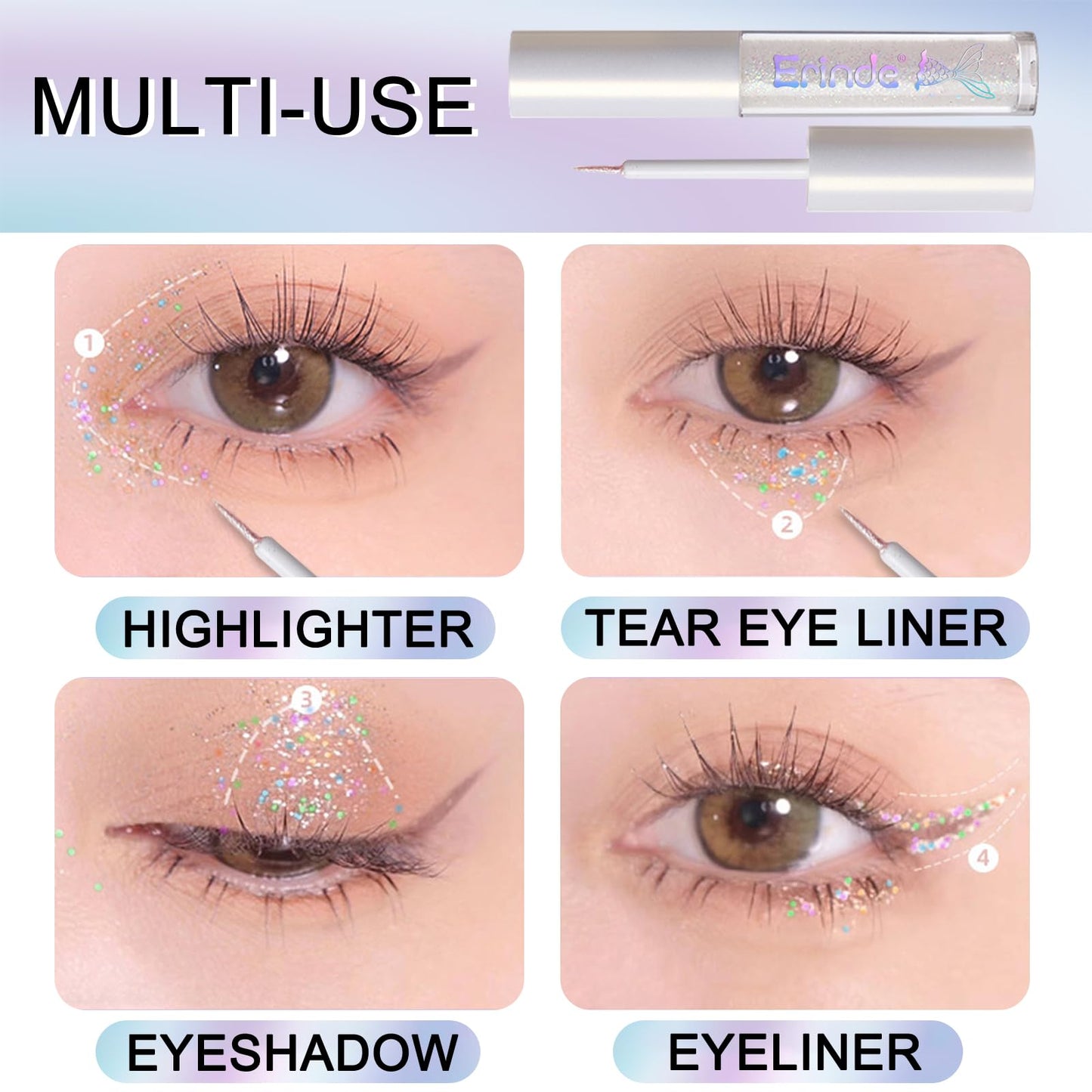 Erinde Liquid Glitter Eyeshadow Eyeliner, Metallic Shimmer Glitter Eyeshadow Liner, High Pigment Colored Eyeliner, Waterproof Long Lasting Sparkle Eye Makeup for Women, Star Silver