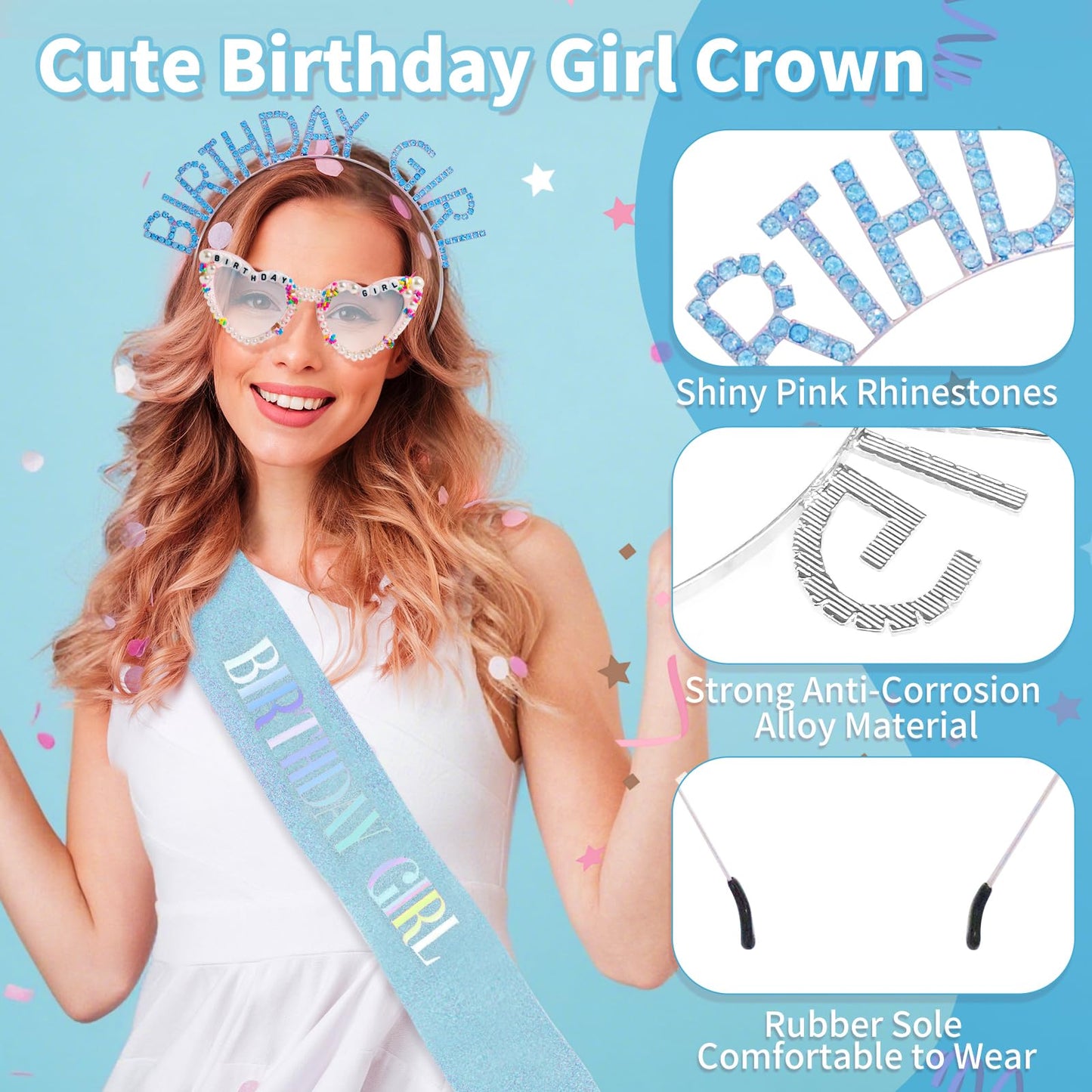 GZJINYUAN 3Pcs Birthday Girl Sash Headband Set- Glitter Sashs Rhinestone Headband Sunglasses, Birthday Sash Accessories for Women Girls (Blue)
