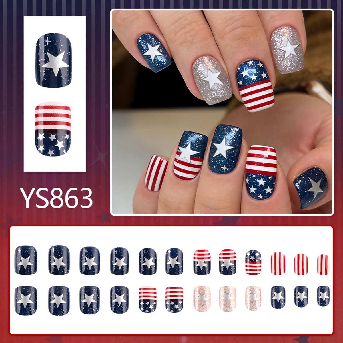 4th of July Press on Nails Medium Square Patriotic Fake Nails with Star | American flag Designs,Silver Glitter 4th of July Nails Independence Day Full Cover Stick on Nail for Women Manicure 24Pcs