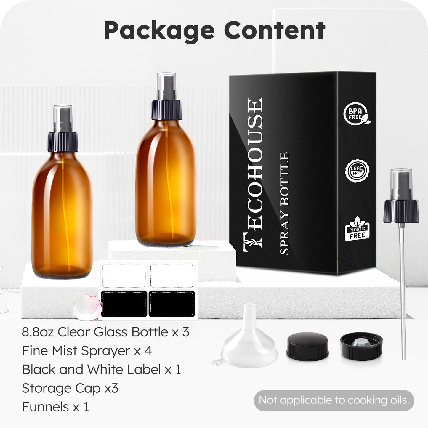 Tecohouse Amber Glass Spray Bottles 8.8 oz, 3 Pack Empty Spray Bottle for Essential Oils, Small Glass Bottles for Cleaning Solutions, Plants, Hair with Durable Nozzle, Labels, Funnel
