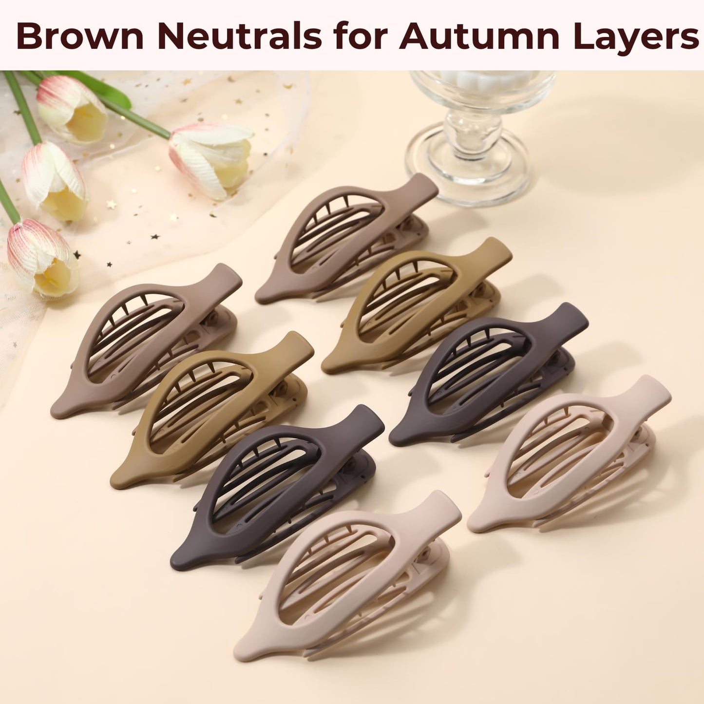 8 Pack Flat Brown Hair Clips – Neutral Matte French Brown Claw Clips for Women, Strong Hold Non-Slip Hair Barrettes for Everyday Office or Coffee Look