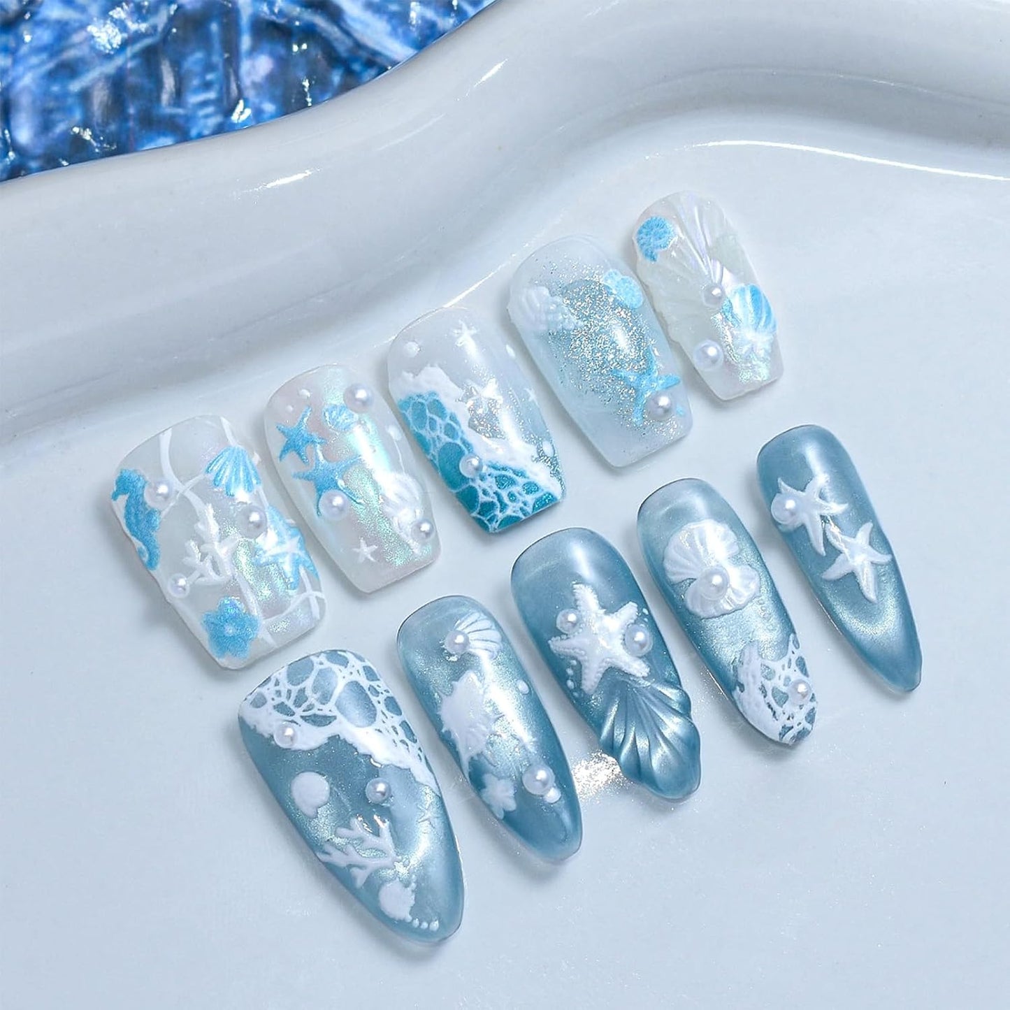 5D Embossed Ocean Nail Stickers - Pink Blue White Shell & Starfish Design | Summer Beach Nail Art Decals for Manicure