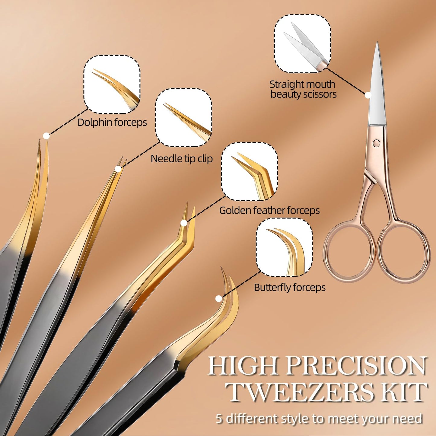 FungChoi 5pcs Eyelash Extension Tweezers, High Precision Lash Tweezers Scissors Set, Straight and Curved Eye Lash Tweezers for Extensions, with Storage Box