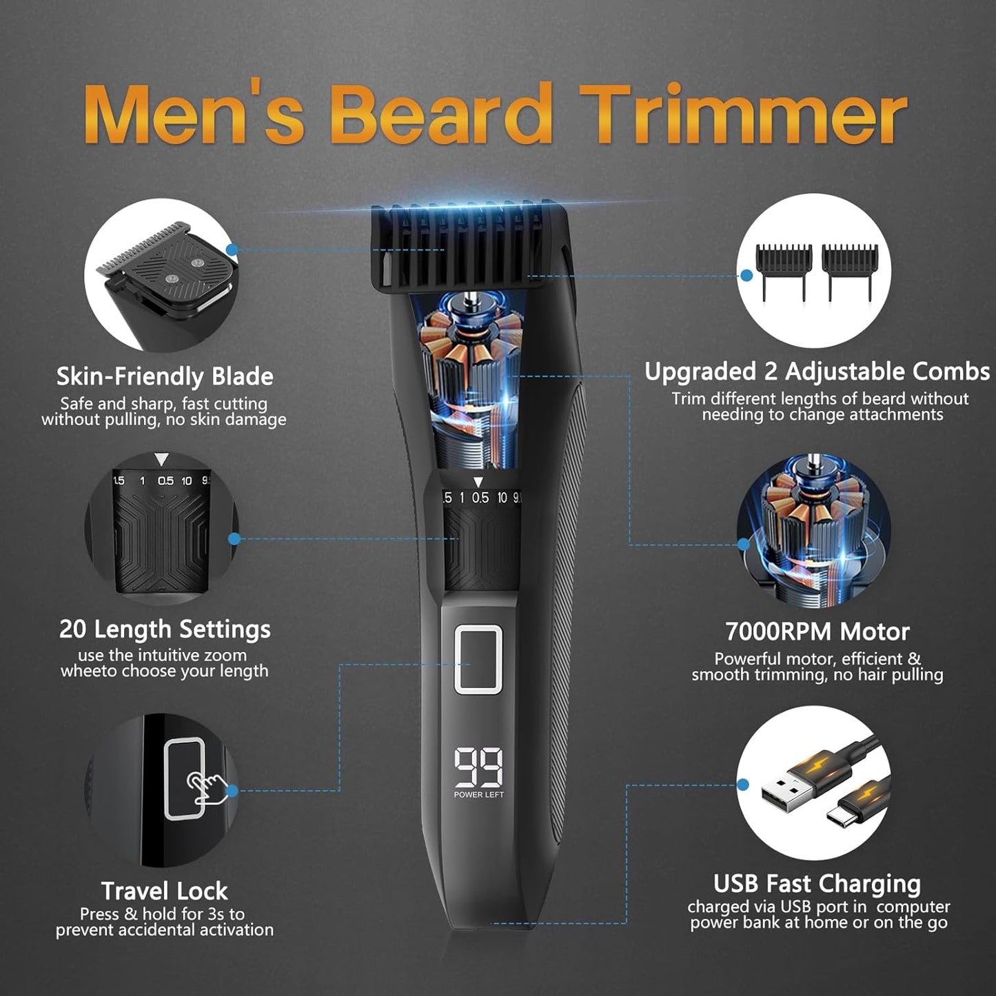 Beatslm Beard Trimmer for Men - All-in-One Waterproof Grooming Kit | Rechargeable, LED Display, Travel Case