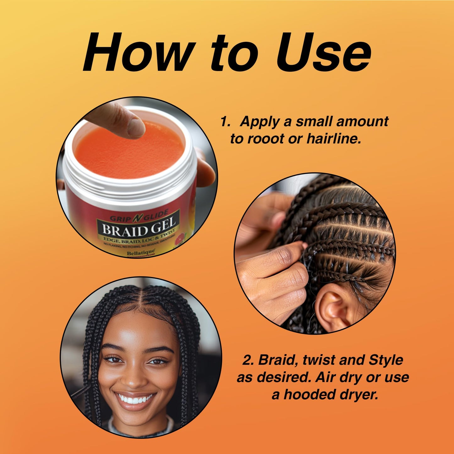 BELLATIQUE GRIP N GLIDE Braiding Gel Maximum Hold for LOC & Twist - No Flaking, No Whitening, Fast Drying, High Shine, Cool & Refreshing, Long Lasting Hold (15 oz)