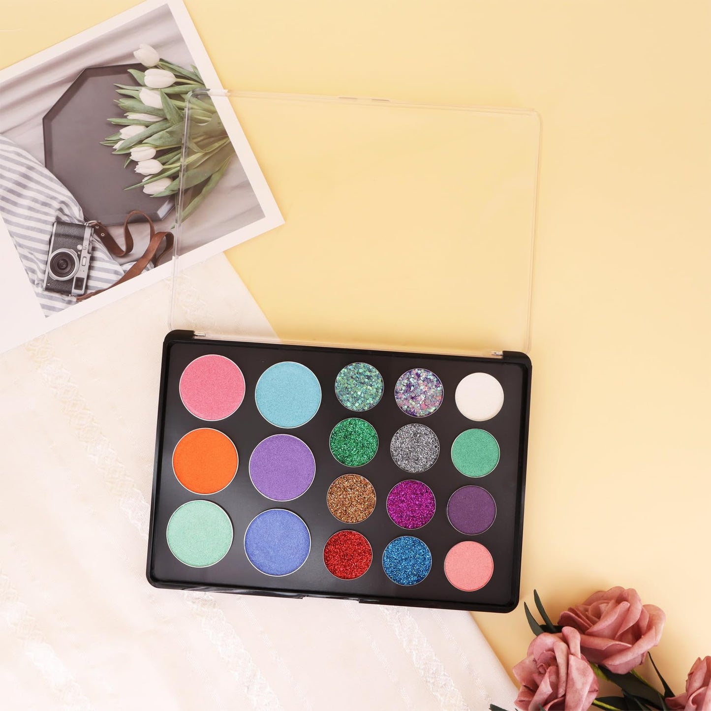 Snowso Large Empty Magnetic Eyeshadow Palette with Clear Top, Travel Makeup Organizer with 40Pcs Adhesive Metal Stickers For DIY Your Own Powder Palette (Large Palette - 7.87”x5.51”)