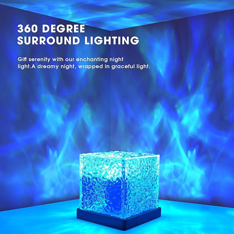 LEKEONE Ocean Wave Projector Light, 16-Color Luminorthe Cube Lamp and App Remote, 3D Holographic Water Ripple Romantic Ambient Lighting for Child's Room, Party, Night Light-4.4inch (Blue)